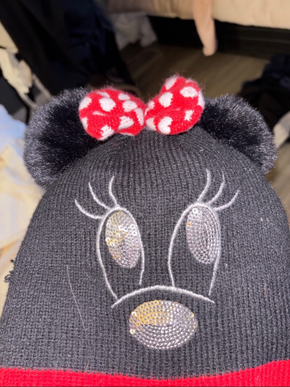 Kids Black Knit Character Beanie with Red Bow